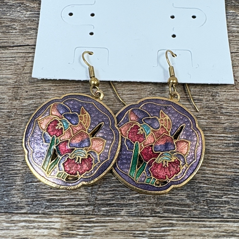 Vintage Cloisonné Iris Floral Dangle Earrings | Colorful Enamel | Gold Tone